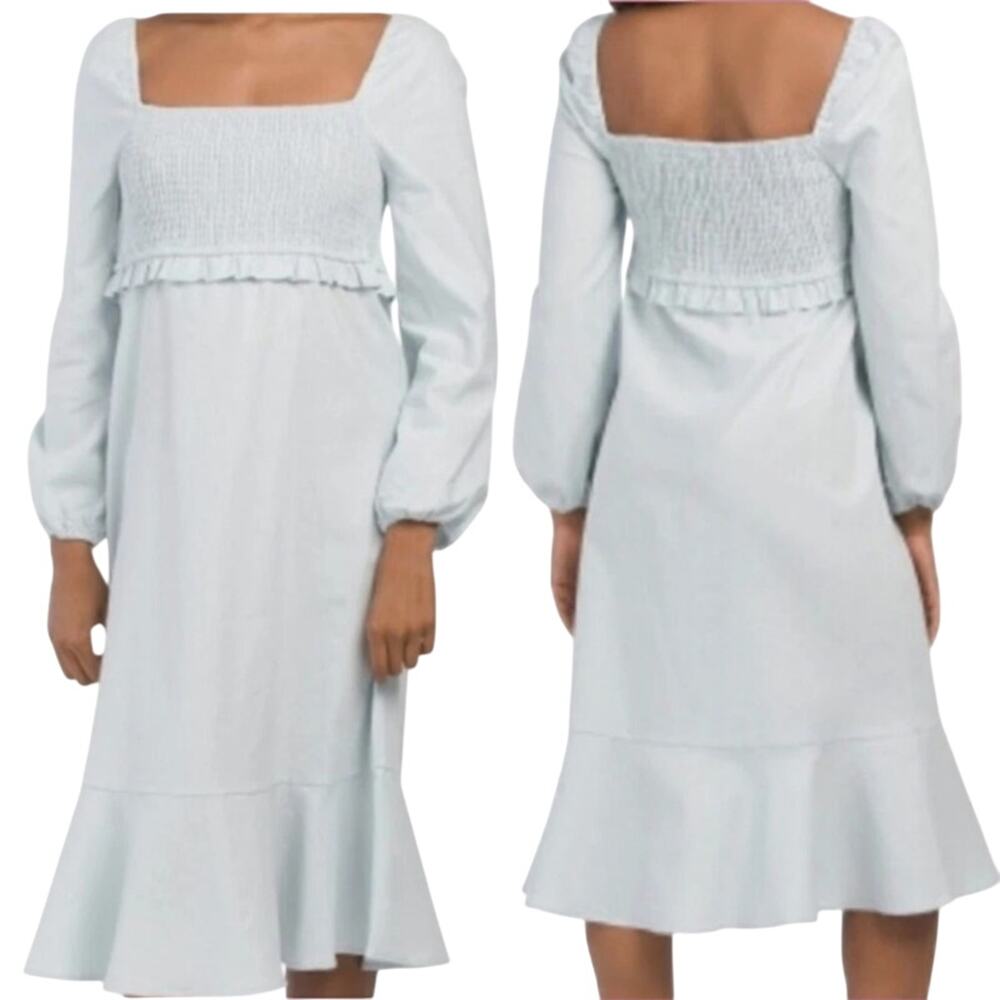 7 For All Mankind Linen Midi Dress Sz S Pastel Blue Ruffle Peasant Fairy Cottage